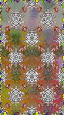 Raster Çiçek İllüstrasyonu güzel tekstil. Gri ve kahverengi renkte etnik çiçeklerle kusursuz bir desen..