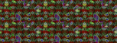 Yeşil ve kırmızı renklerde. Raster illüstrasyonu. 3D çiçekler, çizim.