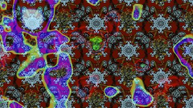 Çok renkli ve kahverengi zarif küçük çiçekler ve kırmızı ve kahverengi renkli komik böcekler, raster desen, illüstrasyon.