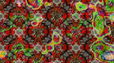 Kumaş desenli papatya çiçeği detayı. Kırmızı ve kahverengi renkte çiçekler.