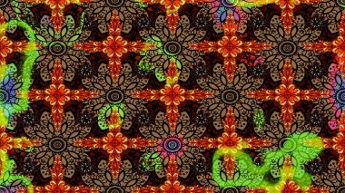 Parlak renkli çiçekleri ve siyah ve kahverengi renkte yaprakları olan harika bir çiçek deseni. Modern çiçek arkaplanı. Moda baskıları için zarif bir şablon. Halk stili.