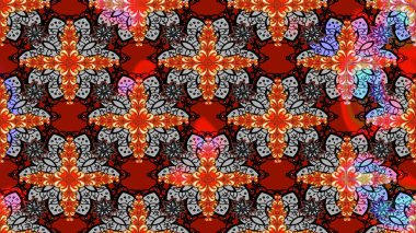 Çiçek desenli çizim. Raster illüstrasyonu. Raster illüstrasyonu. Asya tekstil tarzında. Gri ve kırmızı renkte çiçekler.