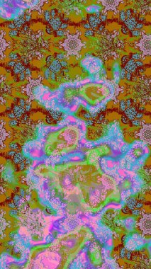 Raster illüstrasyonu. Çiçek buketleriyle klasik bir eskiz şekli. Yeşil ve kahverengi renklerde.