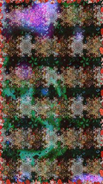 Çok renkli ve kahverengi zarif küçük çiçekler ve gri ve kahverengi renkli komik böcekler, raster deseni, illüstrasyon.