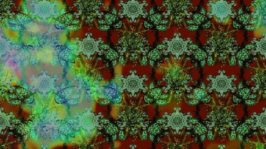 Parmak izi, kumaş, duvar kâğıdı, tekstil için raster dokusu. Renkli grunge, koyu yeşil ve kahverengi çiçeklerle soyut bir arka plan oluşturur. Nakış desenli çiçek deseni..