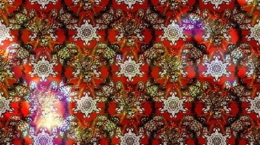 Raster illüstrasyonu. El çizimi çiçekli soyut çizim kalıbı. Kahverengi ve kırmızı renkte çiçekler.