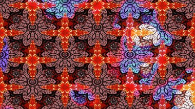 Üzerinde gelincikler ve vadi zambakları olan renkli çiçek desenli nakış deseni. Tekstil tasarımı için kırmızı ve kahverengi renkli geleneksel halk çiçekleri..