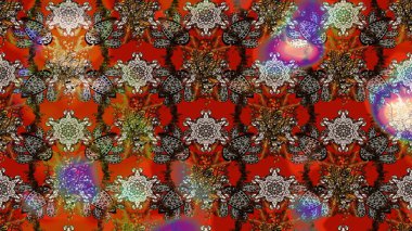 Çiçek desenli çizim. Raster illüstrasyonu. Raster illüstrasyonu. Asya tekstil tarzında. Kahverengi ve kırmızı renkte çiçekler.