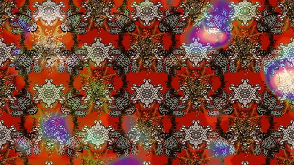 Çiçek desenli çizim. Raster illüstrasyonu. Raster illüstrasyonu. Asya tekstil tarzında. Kahverengi ve kırmızı renkte çiçekler.