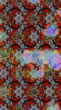 Raster illüstrasyonu. Asya tekstil tarzında. Renkli Bahar Teması eskiz kalıbı. Gri, kahverengi ve kırmızı renkte çiçekler. Düz Çiçek Elementleri Tasarımı. Çiçek desenini çiz.