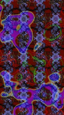 El çizimi çiçekli soyut çizim kalıbı. Raster illüstrasyonu. Kahverengi, mor ve kırmızı renkte çiçekler.