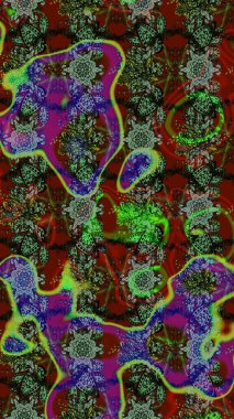 Soyut etnik raster çizim kalıbı. Çiçekler. Vadinin çiçekleri yeşil, kırmızı ve gri renklerde.