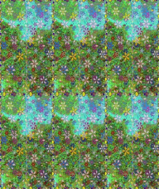 Hediye ambalaj kağıdı, tebrik kartları, posterler ve pankart tasarımı. Yeşil ve mavi renkte çiçekler. Raster düz çiçekleri pürüzsüz desen.