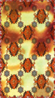 Kahverengi ve turuncu renklerde parlak çiçekli, soyut, pürüzsüz desen. Çiçeksel elementlerle süslenmiş zarif raster dokusu. Küçük çiçekte şirin bir çiçek deseni var..