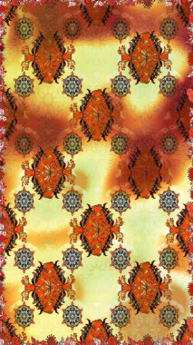 Kahverengi ve turuncu renklerde parlak çiçekli, soyut, pürüzsüz desen. Çiçeksel elementlerle süslenmiş zarif raster dokusu. Küçük çiçekte şirin bir çiçek deseni var..