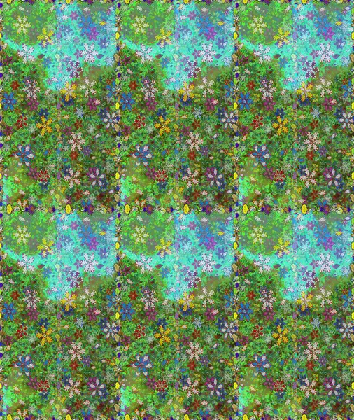 Hediye ambalaj kağıdı, tebrik kartları, posterler ve pankart tasarımı. Yeşil ve mavi renkte çiçekler. Raster düz çiçekleri pürüzsüz desen.