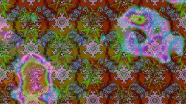 Çiçeksel elementlerle süslenmiş zarif raster dokusu. Kahverengi ve yeşil renkli parlak çiçekli soyut çizim deseni. Küçük çiçekte şirin bir çiçek deseni var..