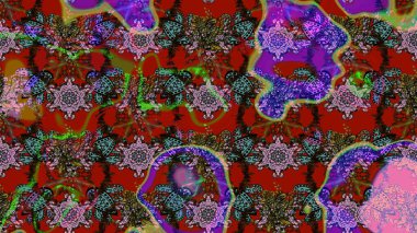 Kırmızı ve kahverengi arka planda. Tekstil, kumaş, ambalaj, hatıra defteri için hoş bir çiçek arkaplanı. Çocuksu tasarım. Elle çizilmiş karalama çiçekleri ile Raster çizim deseni.