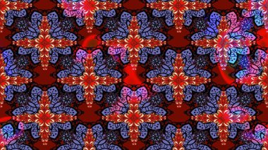 Raster illüstrasyonu. Kırmızı ve menekşe rengi üzerine karalamalar çizilmiş çiçek deseni.