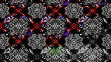 Suluboya elle çizilmiş çiçek desenli eskiz deseni. Parlak renkli fantezi çiçekleri, yapraklar, siyah renkli tomurcuklar.