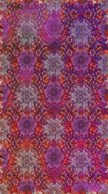 Tekstil, kumaş, ambalaj, hatıra defteri için hoş bir çiçek arkaplanı. El çizimi çiçekli, pürüzsüz bir desen. Mor ve kahverengi arka planda. Çocuksu tasarım.