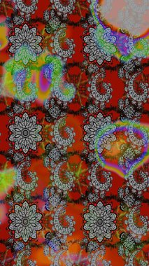 Raster illüstrasyonu. Çiçek desenli çizim. Raster illüstrasyonu. Asya tekstil tarzında. Gri ve kahverengi renkte çiçekler.