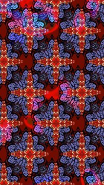 Raster illüstrasyonu. Kırmızı ve menekşe rengi üzerine karalamalar çizilmiş çiçek deseni.