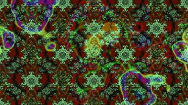 Raster Floral Illustration, Asyalı tekstil. Yeşil ve kahverengi renkli etnik çiçeklerle zarif eskiz deseni.