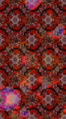 Elle çizilmiş çiçek desenli Raster çizimi. Tekstil, kumaş, ambalaj, hatıra defteri için hoş bir çiçek arkaplanı. Kahverengi, kırmızı ve siyah arka planda. Çocuksu tasarım.