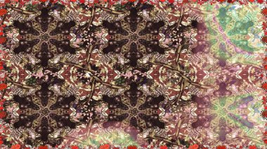 Raster illüstrasyonu. Kahverengi renkte Royal retro. Kart, duvar kağıdı, ambalaj ve tekstil için klasik tasarım. Klasik çiçek dokusu. Altın şablon. Kusursuz desenli altın elementler.