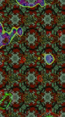 Bir sürü yeşil, gri ve kırmızı soyut çiçekli tropik eskiz deseni. Küçük çiçekteki sevimli çiçek deseni. Varicologreen, gri ve kırmızı raster çizimi.