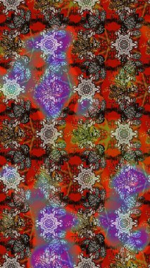 Çiçekli ipek eşarp. 1950-1960 motifleri. Kahverengi ve kırmızı kahverengi ve kırmızıya. El çizimi çiçek unsurları olan soyut çizim raster deseni. Retro tekstil tasarım koleksiyonu.