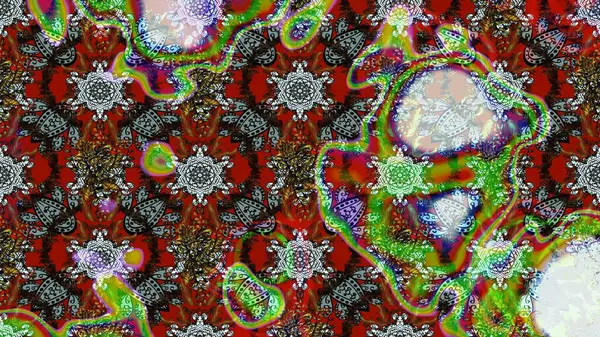 Raster illüstrasyonu. Şirin çiçekli eskiz deseni ve renklerde yapraklar, suluboya çiçek deseni, duvar kağıdı, kart veya kumaş için fayanslı.