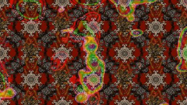 Raster Floral Illustration, Asyalı tekstil. Kahverengi ve kırmızı renkte etnik çiçeklerle süslenmiş zarif bir eskiz..