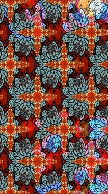 Çiçek deseni. Raster illüstrasyonu. Mavi ve kırmızı renkte çiçekler. Mavi ve kırmızı renkte çiçek çizimi. Şatafatlı bahar bahçesi dokusu.