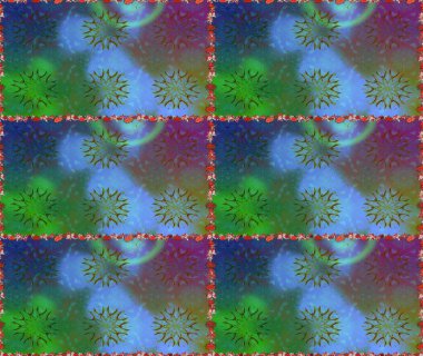 Yumuşak, bahar çiçekleri mavi ve yeşil renklerde. Çiçek ve yapraklı karalama şeklinde Raster çiçek deseni. Raster illüstrasyonu.