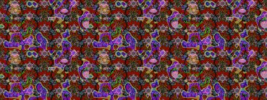 Desen, çizim, çiçek sınırı. Çiçek çelengi. Kıvırcık, parlak örgü. Güzel, parlak, pürüzsüz kumaş, tuval. Eski moda arka plan. Raster illüstrasyonu.