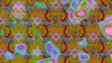 Renkli desenli eskiz deseni, yeşil ve kahverengi çiçekler ve dekoratif elementler. Eski usul. Eskiz geçmişi. Raster illüstrasyonu. Kumaş, tekstil ve duvar kağıdı baskısı için..