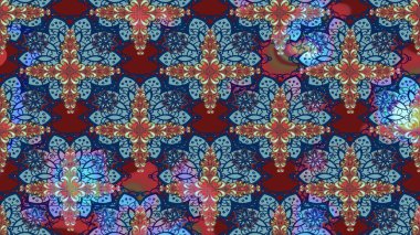 Çiçek buketleriyle klasik bir eskiz şekli. Mavi ve kırmızı renklerde. Raster illüstrasyonu.