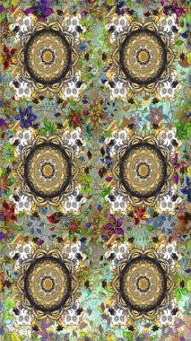 Gri renklerde, altın elementlerle kusursuz desen. Klasik klasik klasik arka plan. Geleneksel oryantasyon süsü. Kusursuz klasik raster altın desenli.