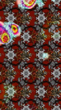 Çiçek desenli çizim. Raster illüstrasyonu. Asya tekstil tarzında. Raster illüstrasyonu. Gri, kahverengi ve kırmızı renkte çiçekler.