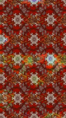 Kahverengi ve kırmızı renkte etnik çiçeklerle süslenmiş zarif bir eskiz şekli. Asya Tekstil 'inde Raster Çiçek İllüstrasyonu.