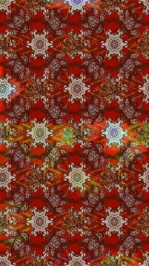 Kahverengi ve kırmızı renkte etnik çiçeklerle süslenmiş zarif bir eskiz şekli. Asya Tekstil 'inde Raster Çiçek İllüstrasyonu.