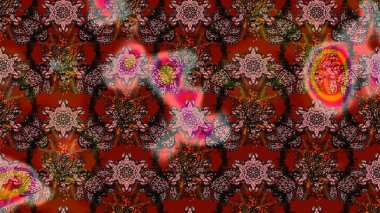 Renkli desenli eskiz deseni, çiçekler ve dekoratif elementlerle. Eski usul. Raster illüstrasyonu. Kumaş, tekstil, duvar kağıdı baskısı için. Taslak arkaplan.