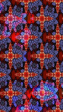 Kırmızı ve mor renkte manzaralı çiçek deseni. Çiçek kompozisyonu, el boyası, hassas şablon. Sevgililer günü ve tebrik kartı konsepti için şık bir davetiye. Üst görünüm, yumuşak biçim.