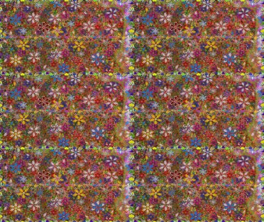 Düz Çiçek Elementleri Tasarımı. Sevimli çiçek raster deseni. Kahverengi ve yeşil renkli çiçekler. Renkli Bahar Teması Kusursuz Arkaplan.