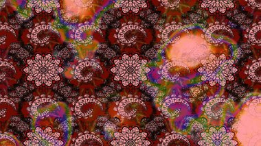 Kumaş, tekstil, duvar kağıdı baskısı için. Eskiz geçmişi. Eski usul. Raster illüstrasyonu. Renkli desenli eskiz deseni, kahverengi ve pembe çiçekler ve dekoratif elementler.