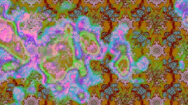 Raster illüstrasyonu. Yeşil ve kahverengi renklerde. Çiçek buketleriyle klasik tarzda eskiz deseni.