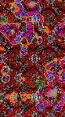 Elle çizilmiş çiçek desenli Raster çizimi. Kahverengi, kırmızı ve siyah arka planda. Çocuksu tasarım. Tekstil, kumaş, ambalaj, hatıra defteri için güzel çiçek arkaplanı..