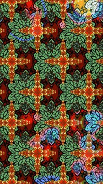 Yeşil ve siyah renkli Asya tekstili. Suluboya çiçekli çiçek deseni. Raster illüstrasyonu.